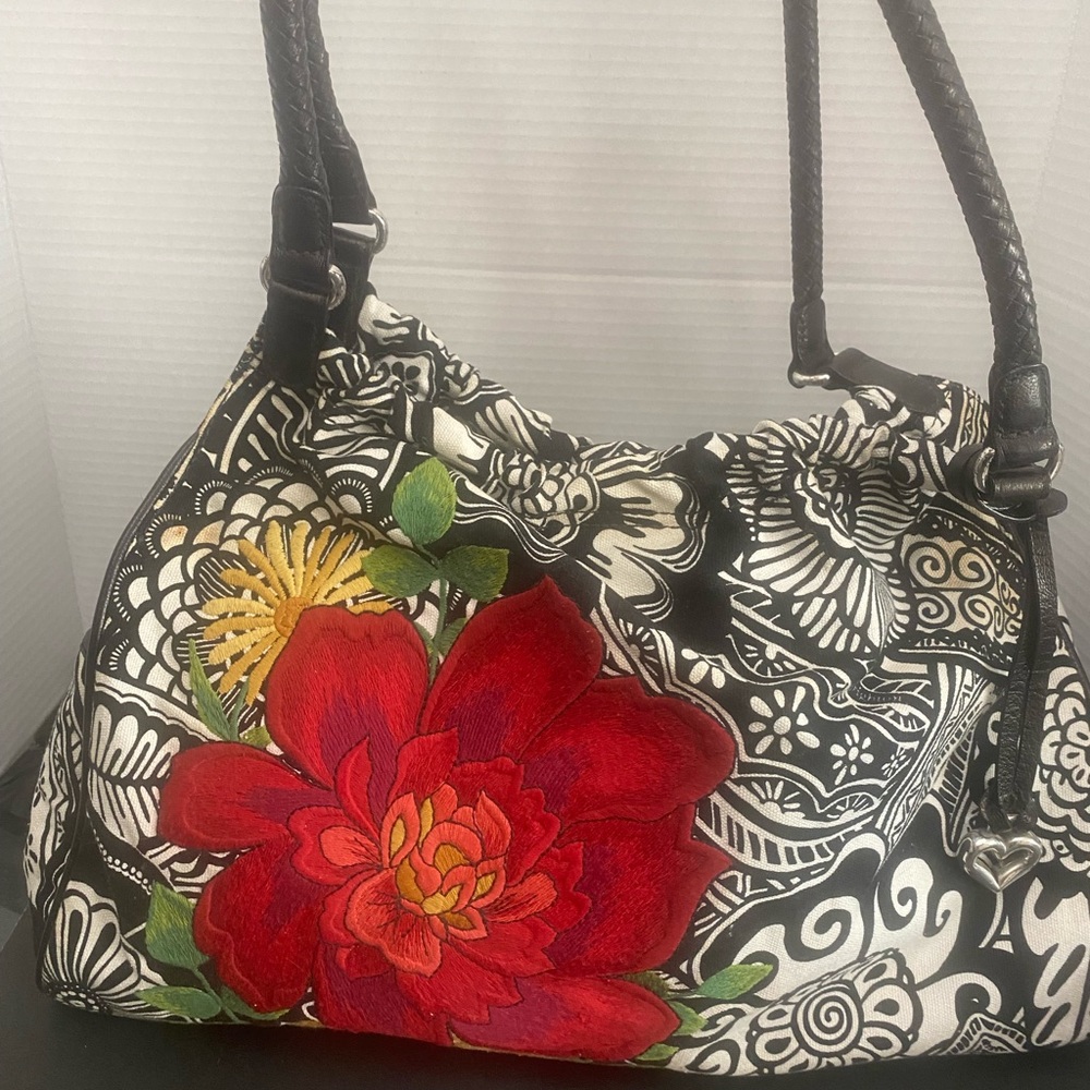Brighton Poppy Canvas Shoulder Bag with Braided Leather Straps